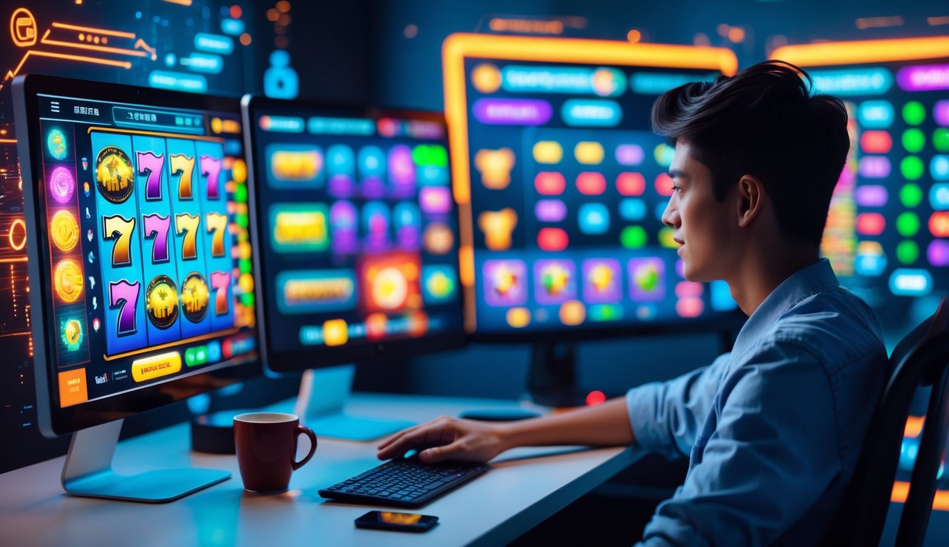 Seorang dewasa muda duduk di depan komputer dengan tampilan permainan slot online yang berwarna-warni, di ruang kerja modern yang terang dan rapi.
