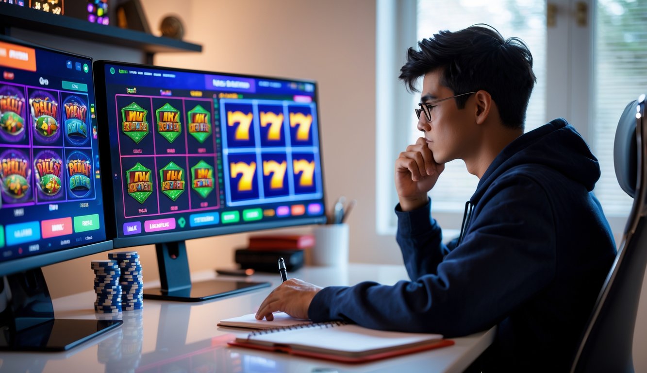 Seorang pemain slot online berpengalaman duduk di meja kerja dengan beberapa monitor yang menampilkan permainan slot, terlihat fokus dan menganalisis layar.
