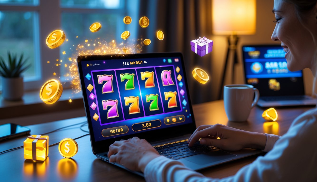 Seseorang sedang bermain slot online di laptop dengan suasana nyaman di rumah, terlihat fokus dan senang.