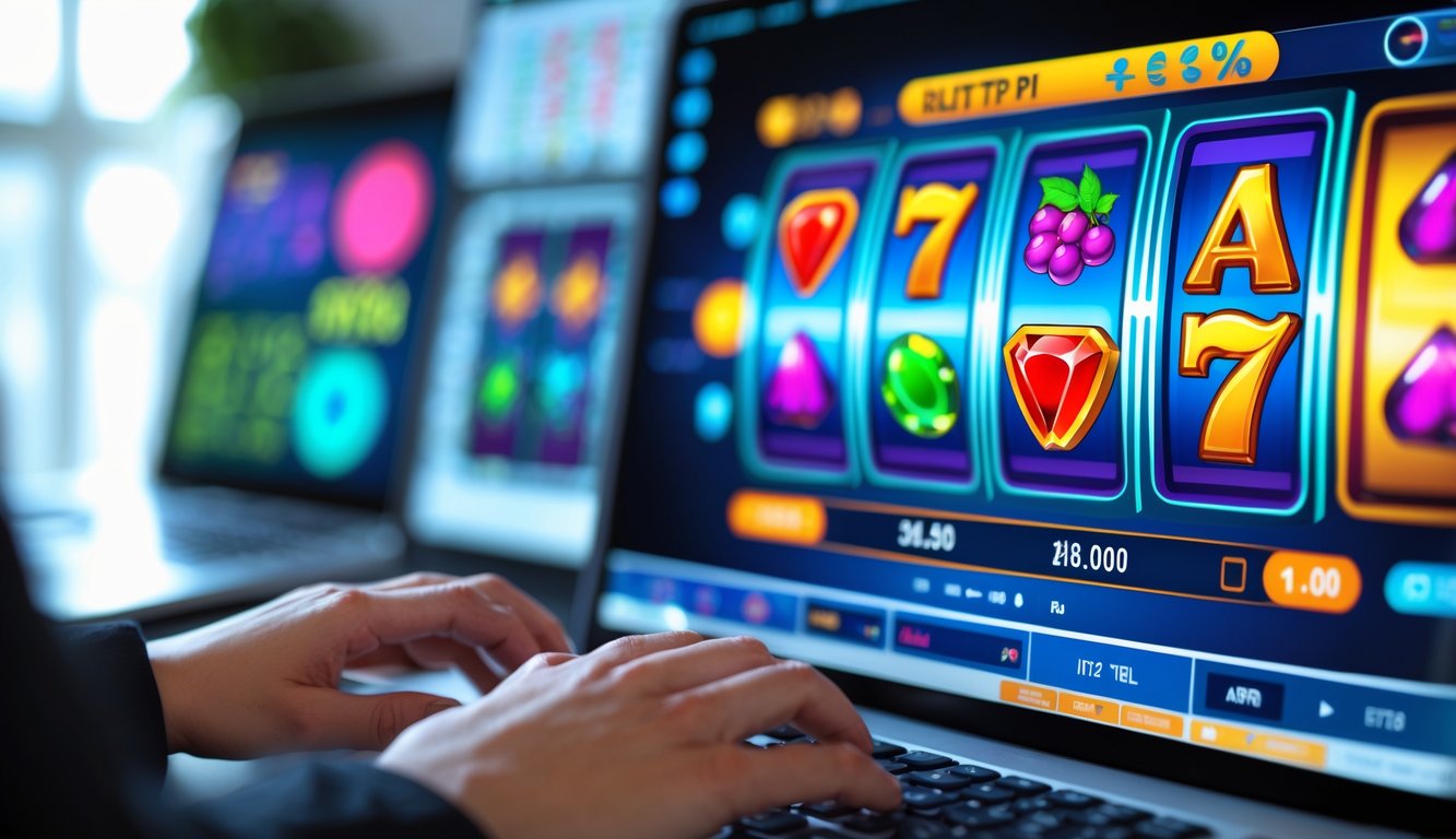 Tangan seseorang sedang bermain game slot online di laptop dengan layar menampilkan gulungan warna-warni dan simbol permainan.
