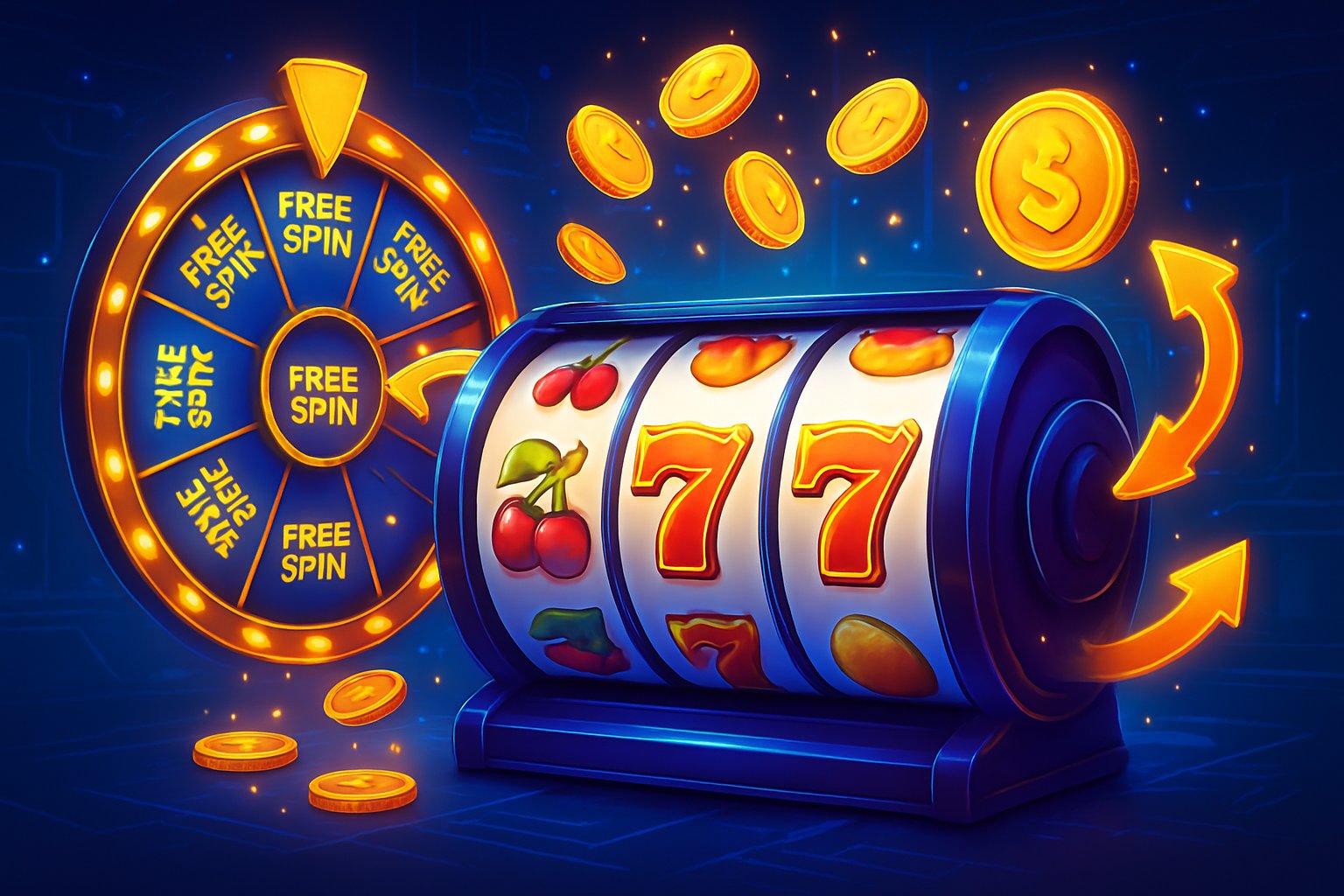 Ilustrasi mesin slot dengan gulungan berputar dan simbol bonus seperti koin dan roda putar di latar kasino modern.