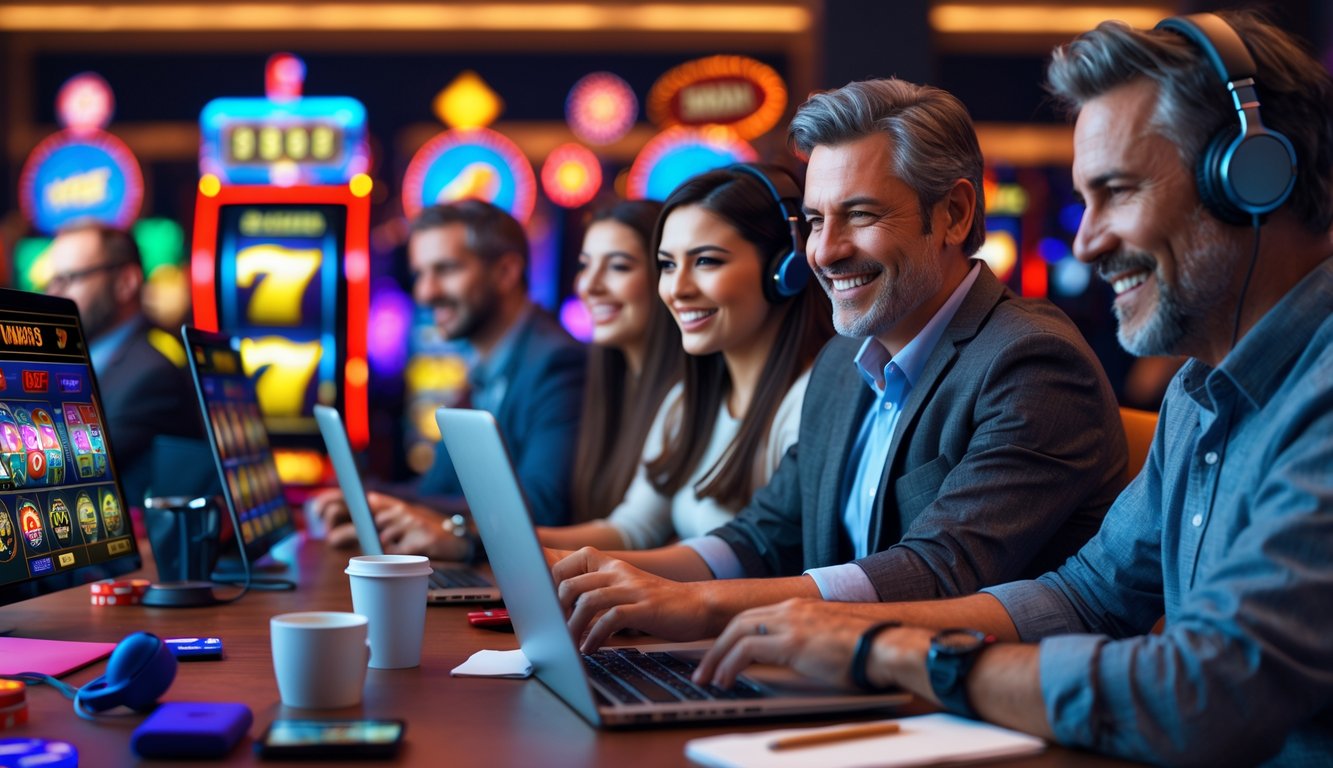 Beberapa orang sedang bermain permainan slot online menggunakan laptop dan ponsel di sebuah ruangan yang nyaman.