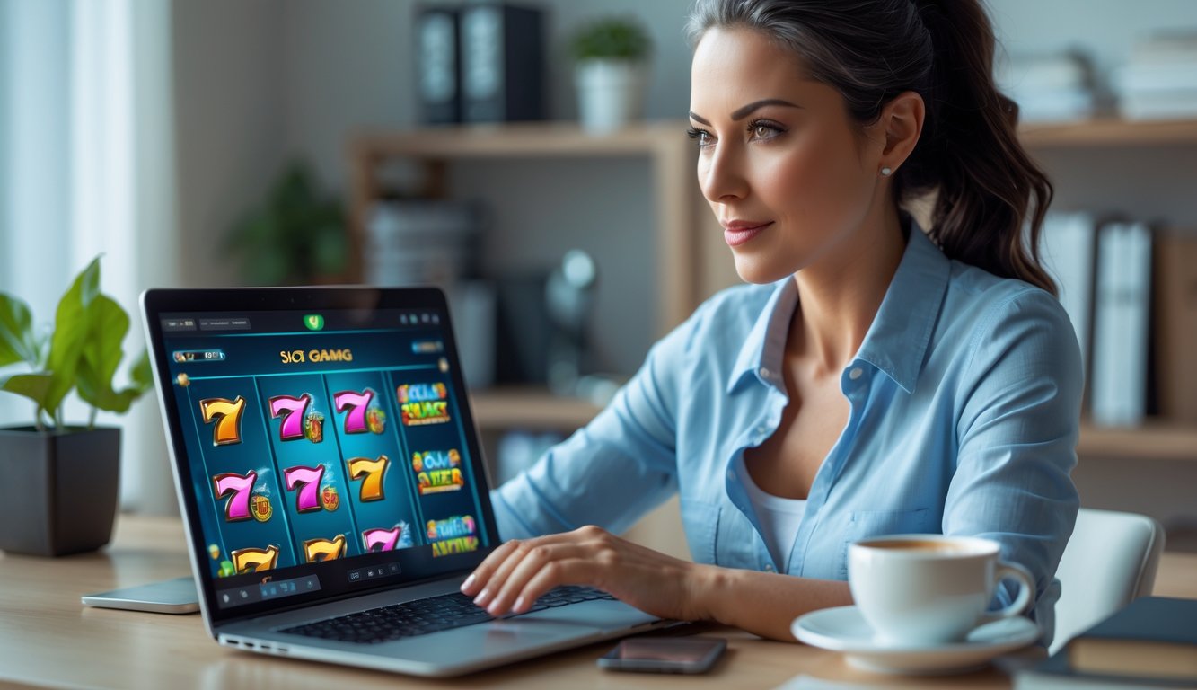 Seorang wanita dewasa sedang fokus bermain permainan slot online di laptop di ruang kerja rumah yang rapi dan terang.