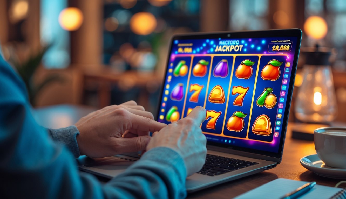 Seseorang bermain permainan slot online di perangkat digital dengan latar belakang ruangan yang nyaman.