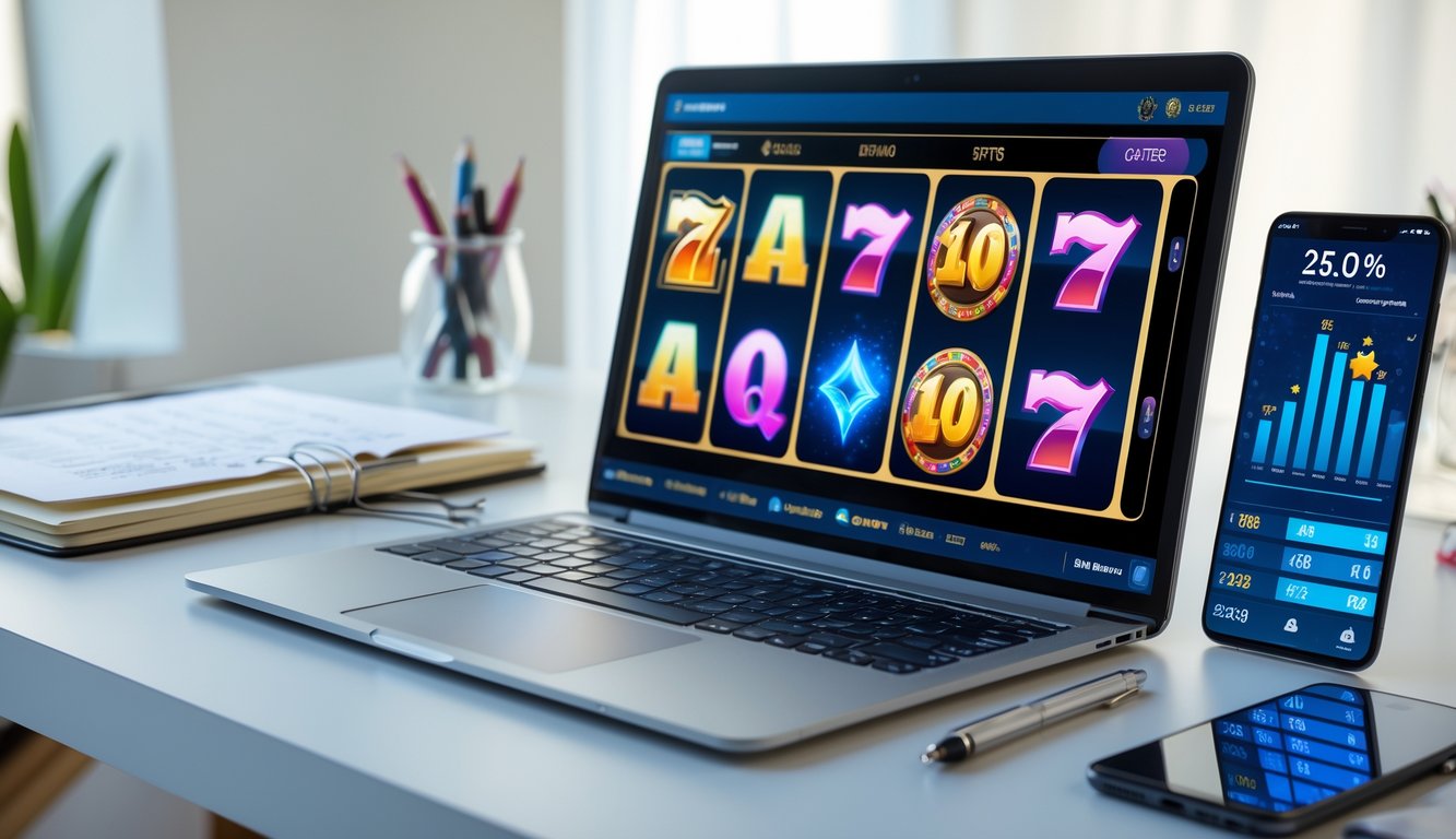 Seorang pengguna sedang bermain game slot online di laptop dengan catatan dan ponsel di meja, menunjukkan suasana fokus dan strategi.