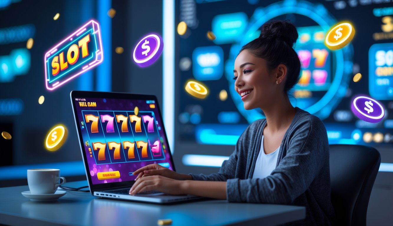 Seorang wanita muda duduk di depan laptop yang menampilkan permainan slot online, dengan latar belakang elemen digital futuristik dan suasana modern.