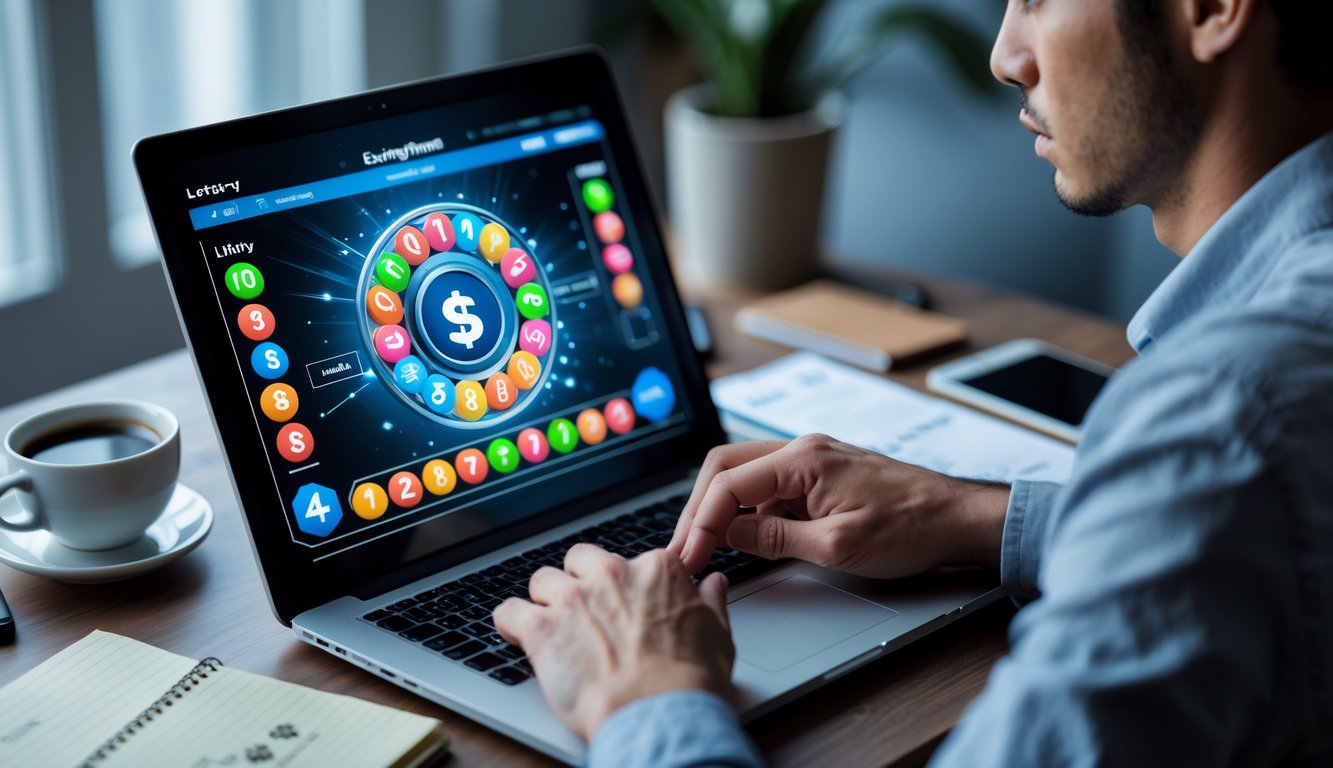 Seorang orang dewasa muda sedang fokus menggunakan laptop di ruang kerja modern, dengan suasana yang tenang dan alat tulis di meja.