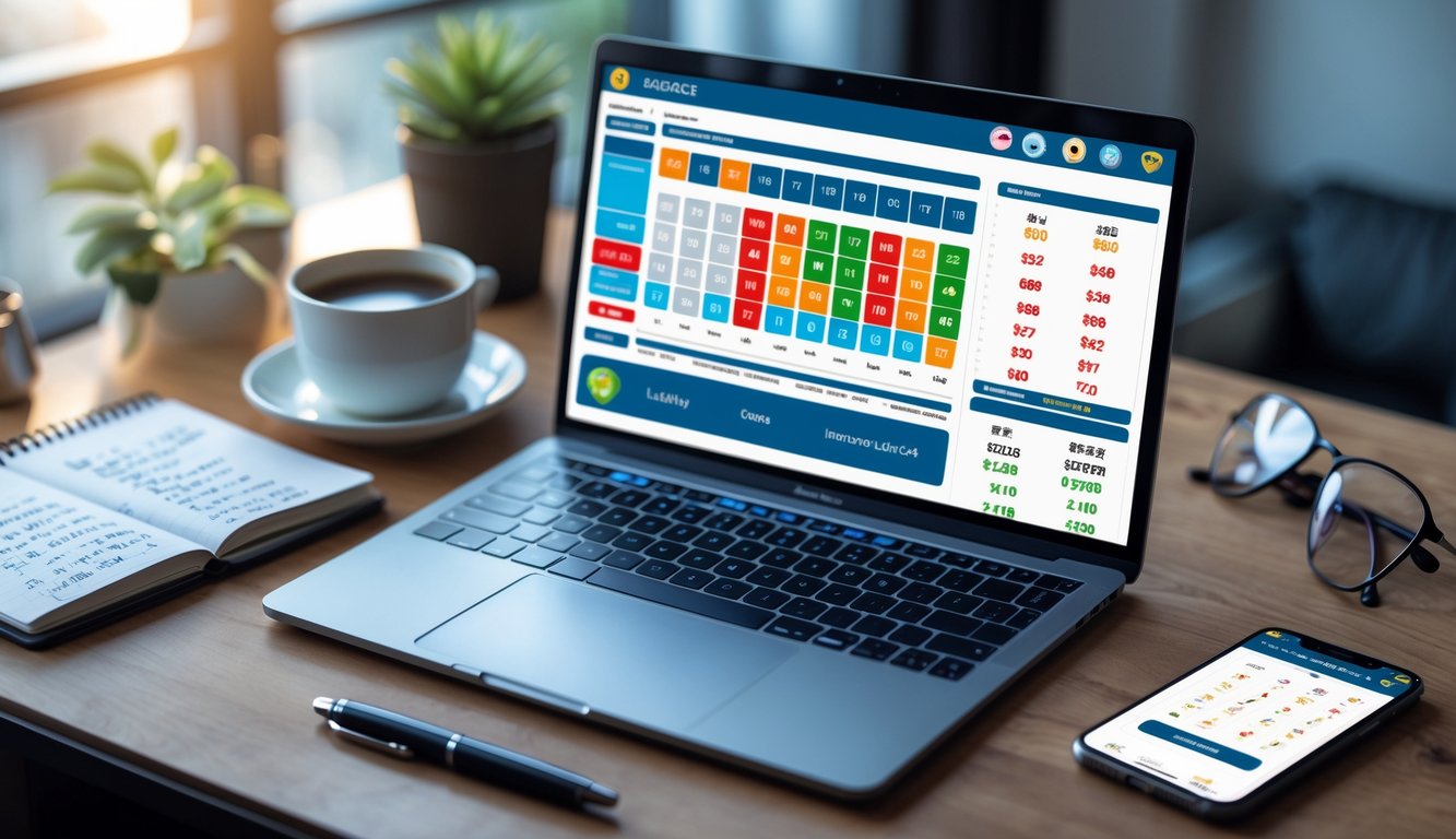 Meja kerja dengan laptop menampilkan antarmuka lotere online, notebook, telepon pintar, dan secangkir kopi di dekat jendela dengan cahaya alami.