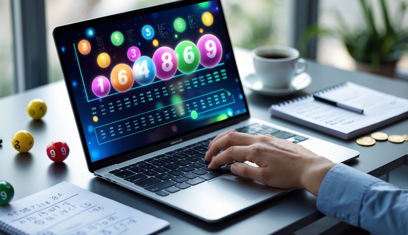 Meja kerja dengan laptop yang menampilkan antarmuka digital angka togel, tangan sedang menggunakan laptop, dengan bola togel dan catatan di sekitar meja.