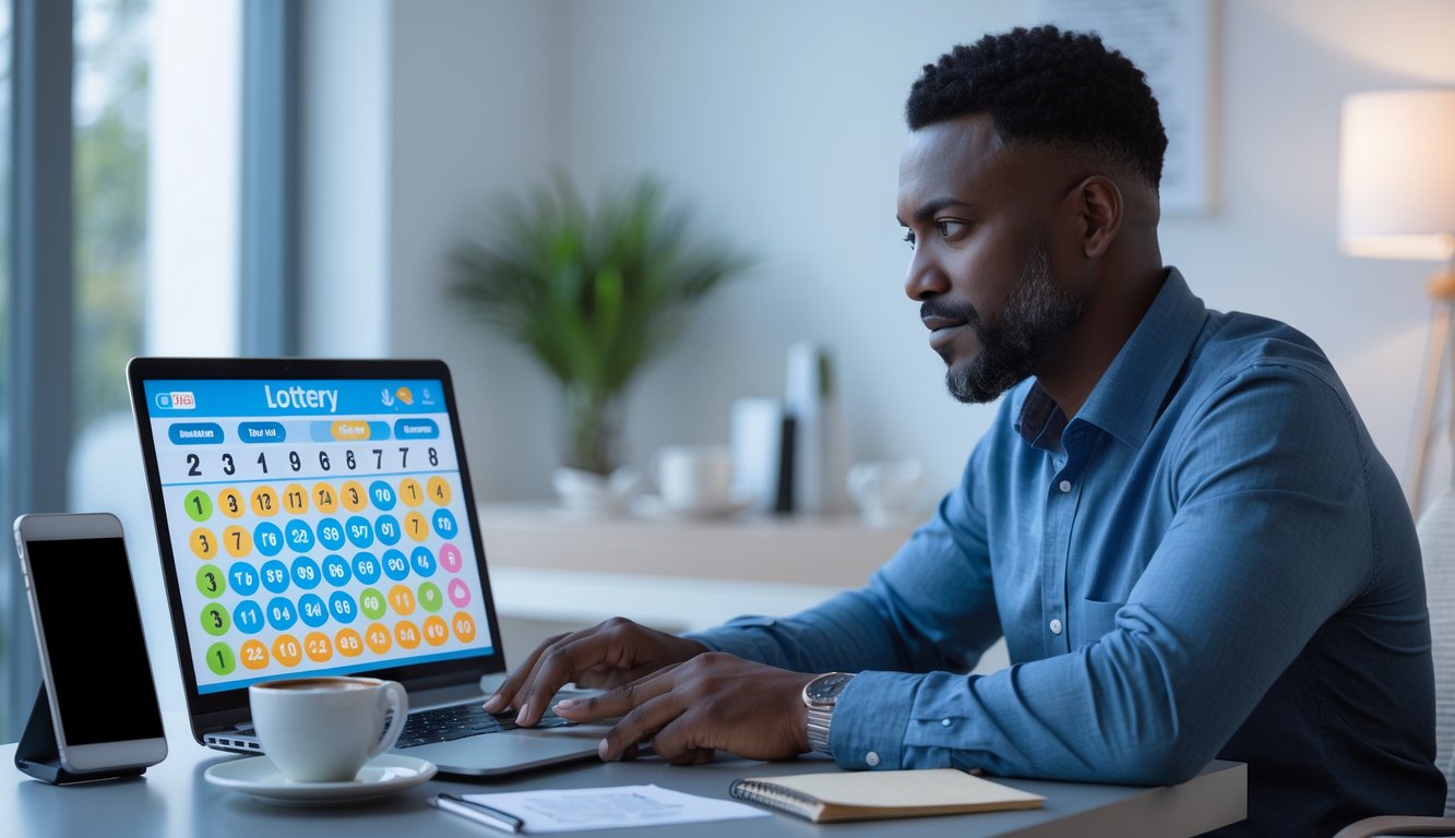 Seorang pria dewasa duduk di meja dengan laptop, memperhatikan layar yang menampilkan angka togel dan grafik, dengan catatan dan ponsel di sampingnya.