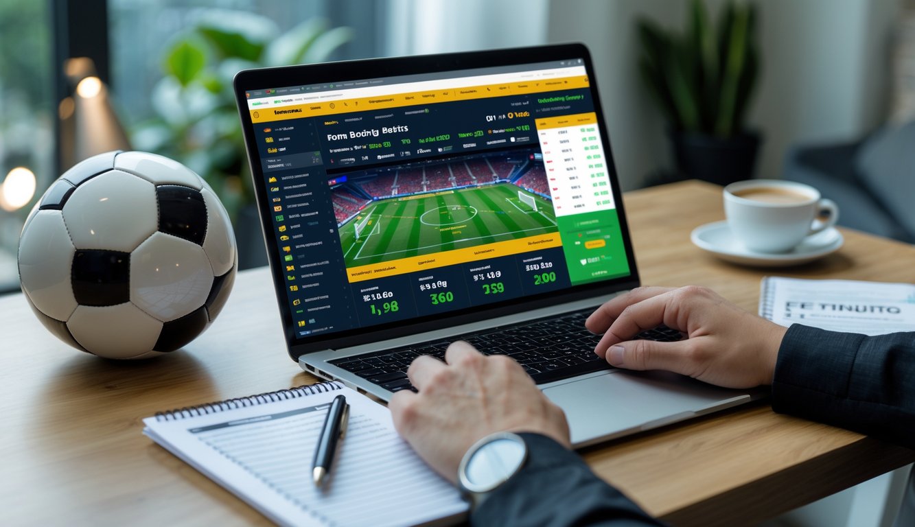 Meja kerja dengan laptop menampilkan situs taruhan sepak bola, bola sepak, dan tangan yang memegang ponsel dengan aplikasi taruhan.