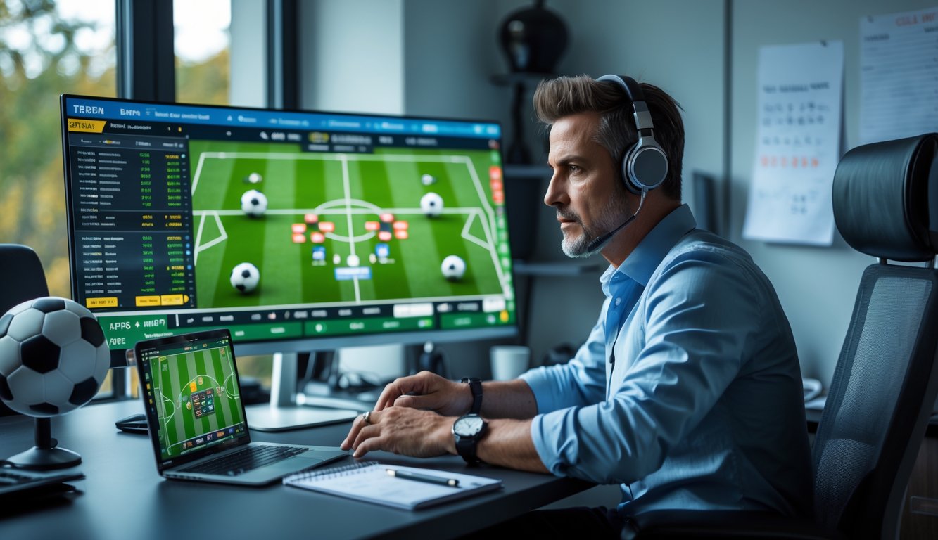Seorang pria dewasa duduk di meja kerja dengan komputer menampilkan statistik pertandingan sepak bola dan aplikasi taruhan, fokus pada aktivitas taruhan bola online.
