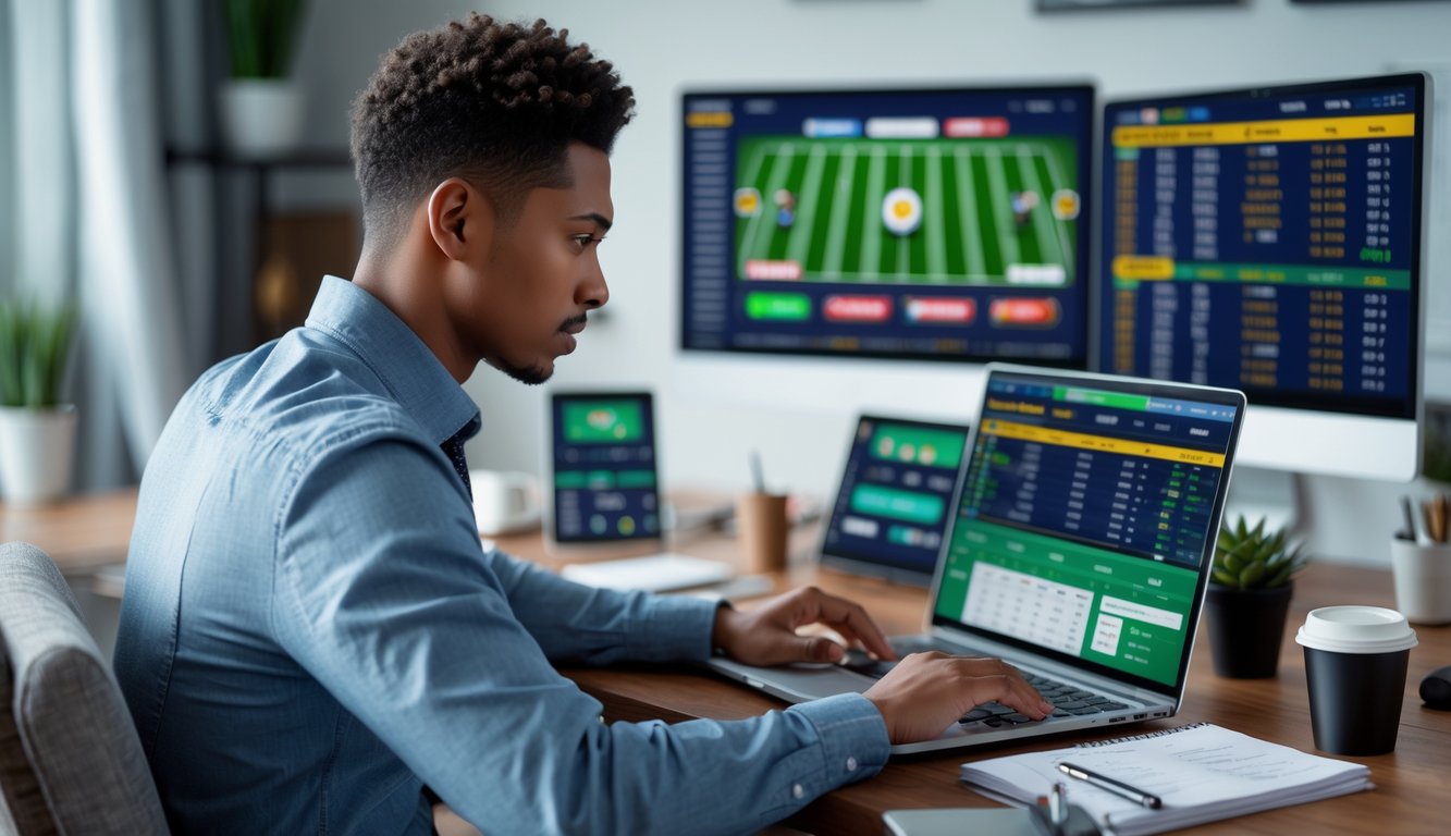 Seseorang yang fokus menggunakan laptop di ruang kerja modern dengan beberapa layar menampilkan acara olahraga dan grafik peluang taruhan.