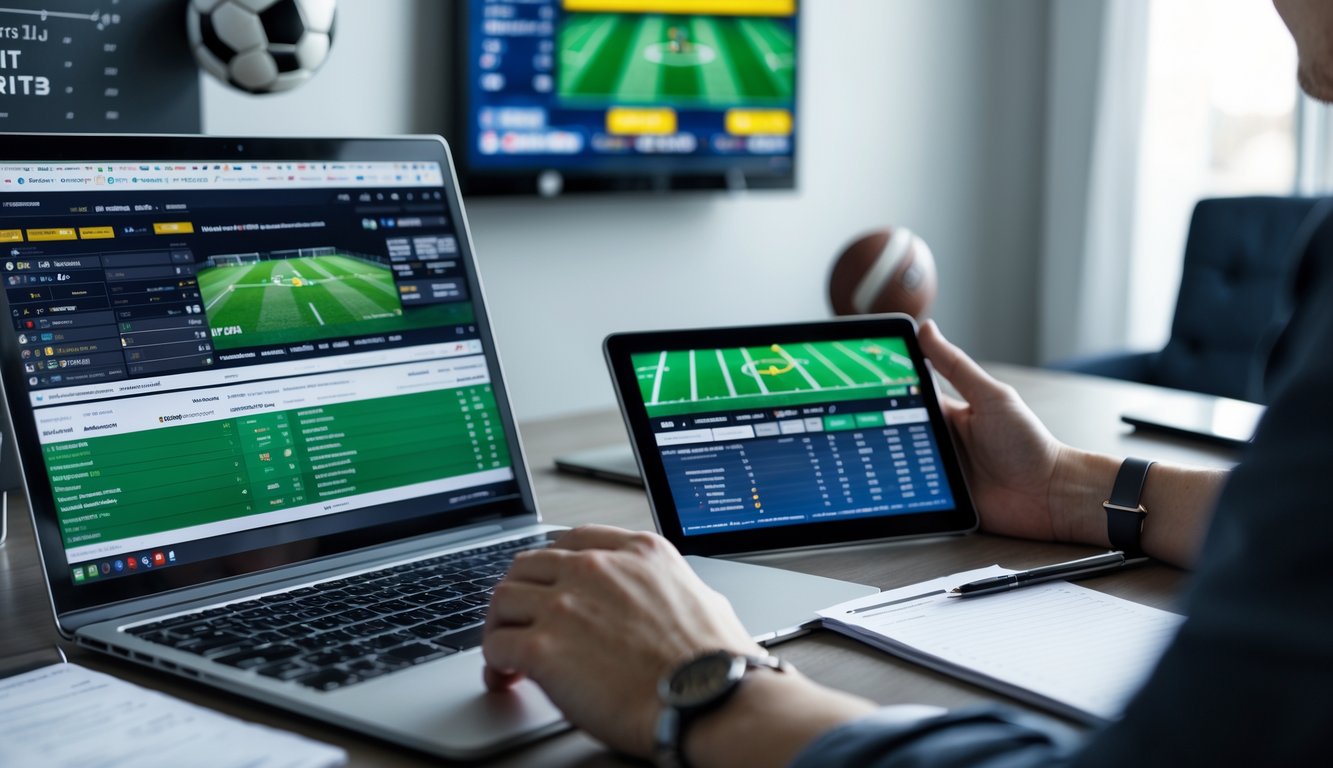 Seseorang sedang menganalisis statistik pertandingan sepak bola di meja kerja dengan laptop dan tablet.