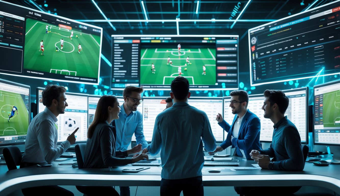 Sekelompok orang muda sedang menggunakan komputer dan perangkat digital untuk bertaruh pada pertandingan sepak bola secara online.