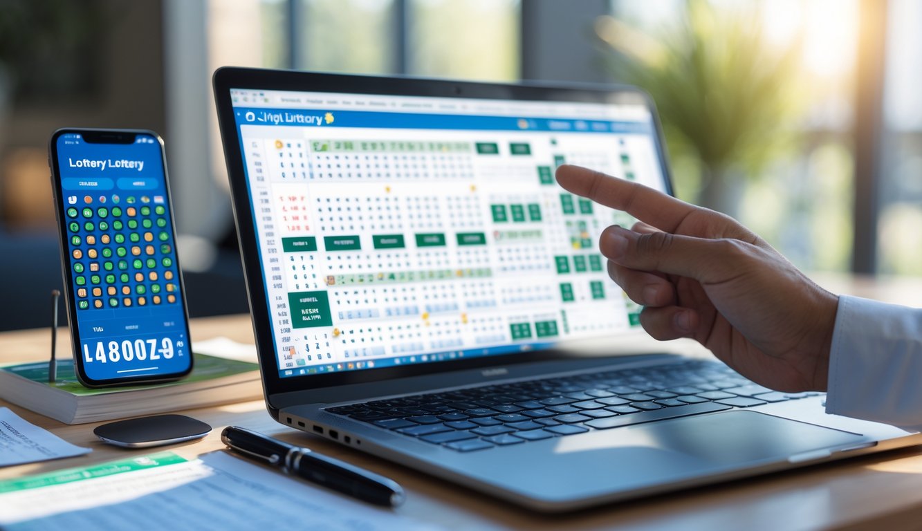 Sebuah meja kerja dengan laptop yang menampilkan pola angka lotere, tangan seseorang menunjuk layar, dan beberapa alat tulis di sekitarnya.