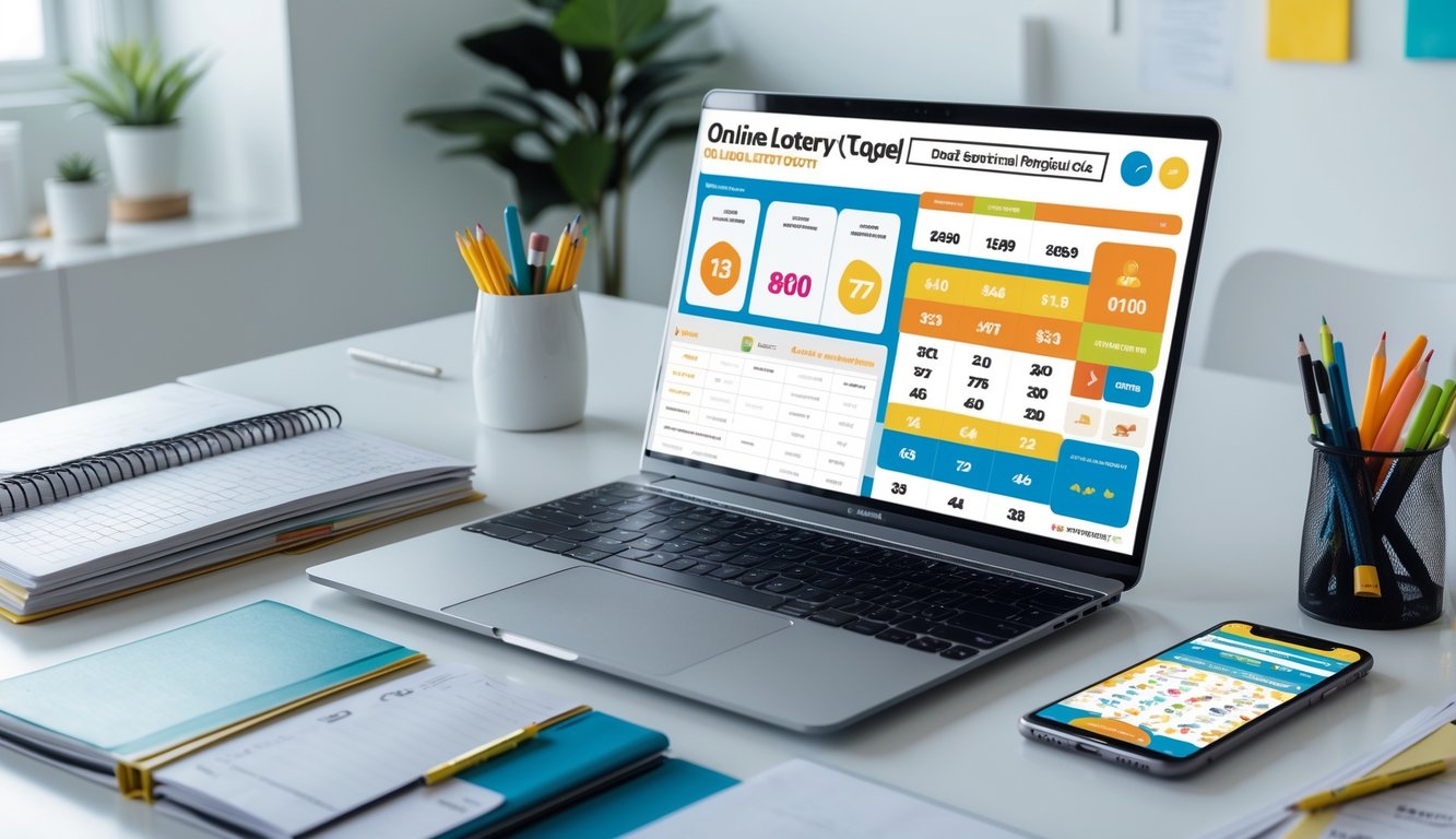 Meja kerja dengan laptop dan ponsel yang menampilkan data togel, dikelilingi oleh buku catatan dan alat tulis di ruangan terang.