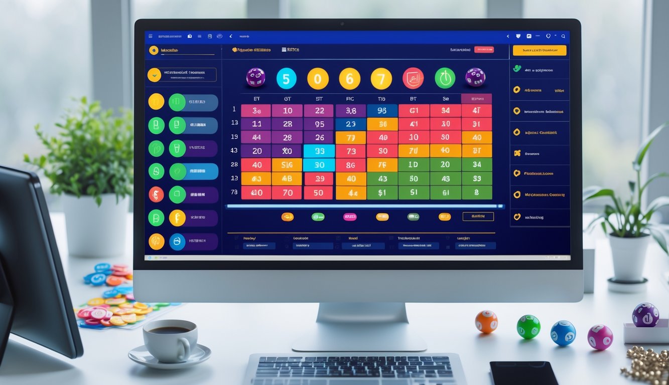 Sebuah meja kerja dengan komputer menampilkan antarmuka permainan togel online yang lengkap dan terpercaya, dikelilingi oleh bola togel dan dekorasi sederhana.