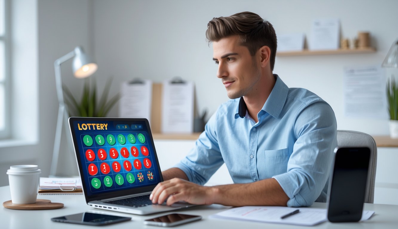 Seseorang duduk di meja dengan laptop, fokus bermain permainan togel online di ruang kerja yang rapi dan terang.