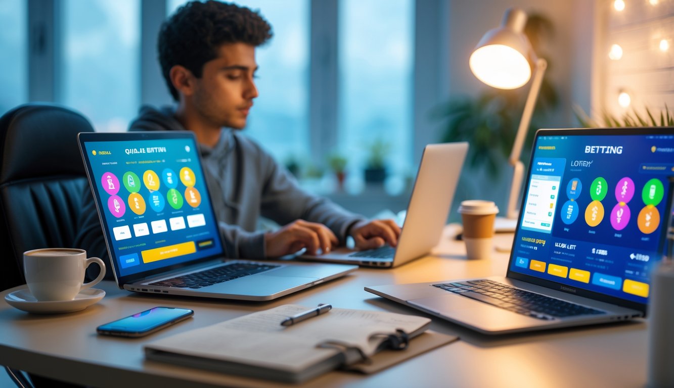 Seorang dewasa muda duduk di meja dengan laptop dan ponsel yang menampilkan layar taruhan togel online, tampak fokus dan serius.