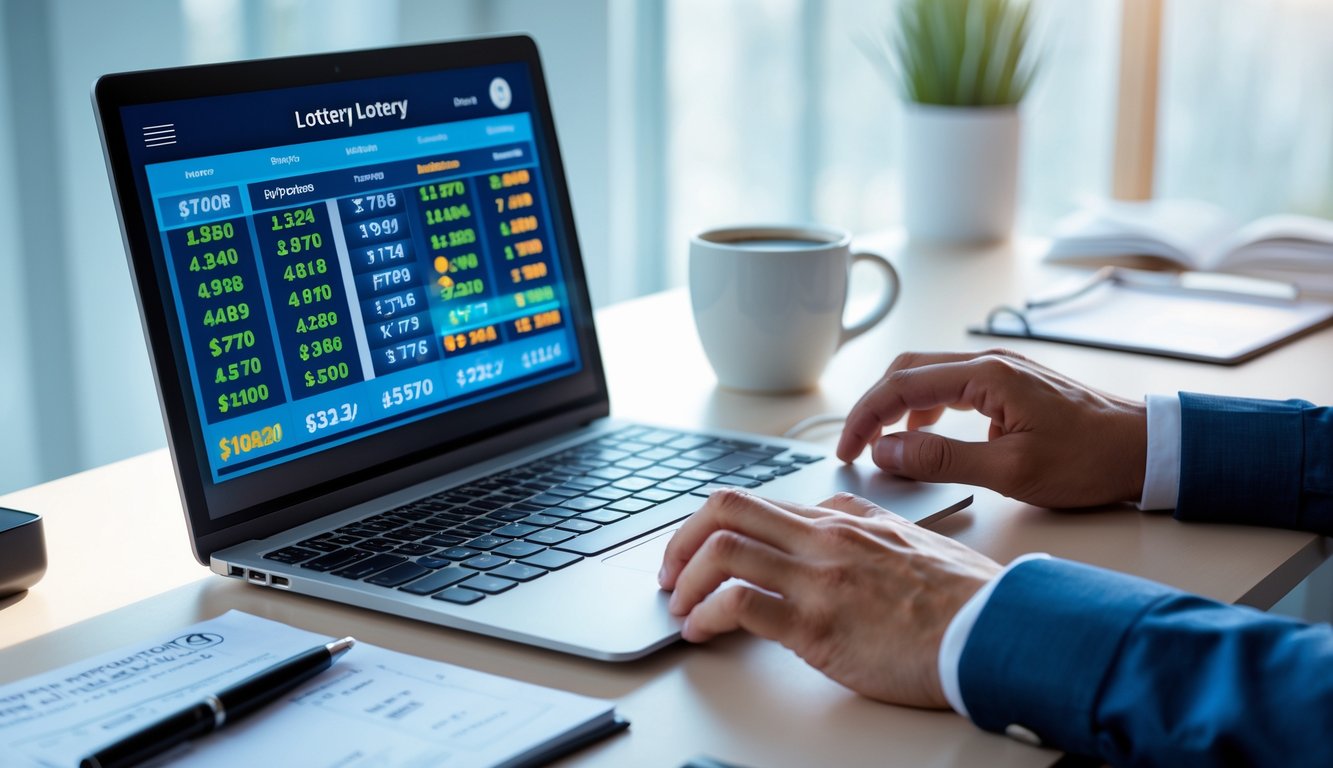 Seorang individu sedang menggunakan laptop di meja kerja yang rapi dengan catatan dan secangkir kopi, menunjukkan suasana fokus dalam merencanakan strategi taruhan togel online.