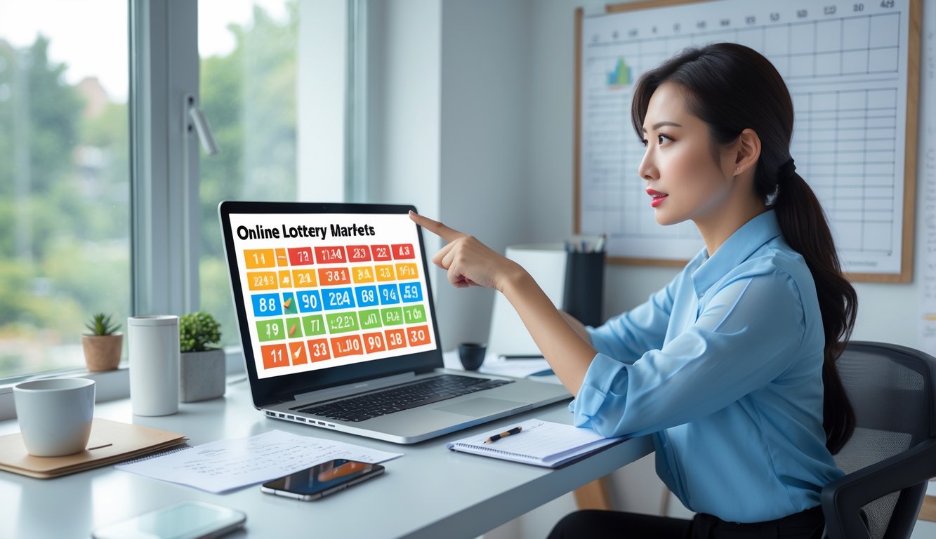 Seorang wanita muda duduk di meja dengan laptop, memperhatikan layar dengan serius di ruang kerja rumah yang terang.