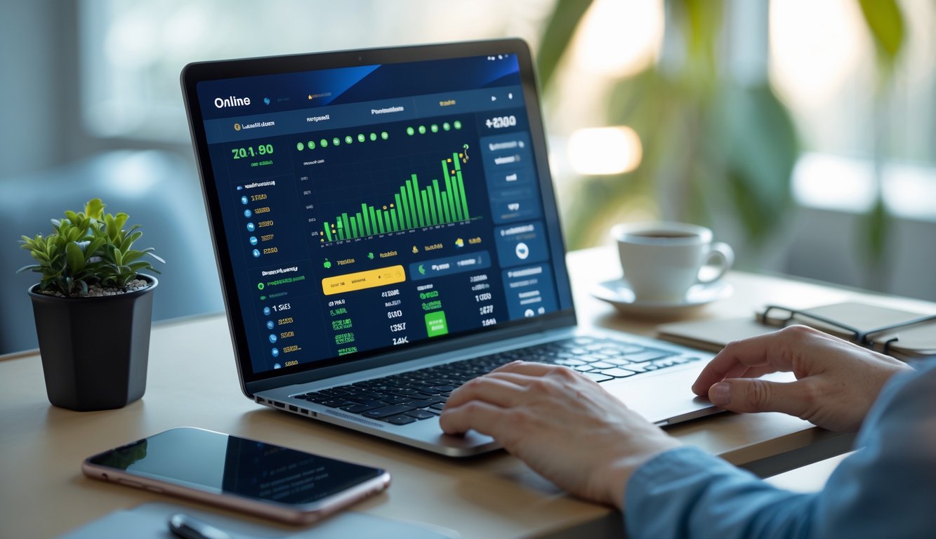 Seseorang menggunakan laptop di meja kerja dengan layar menampilkan antarmuka taruhan togel online, dikelilingi oleh smartphone, buku catatan, dan secangkir kopi.