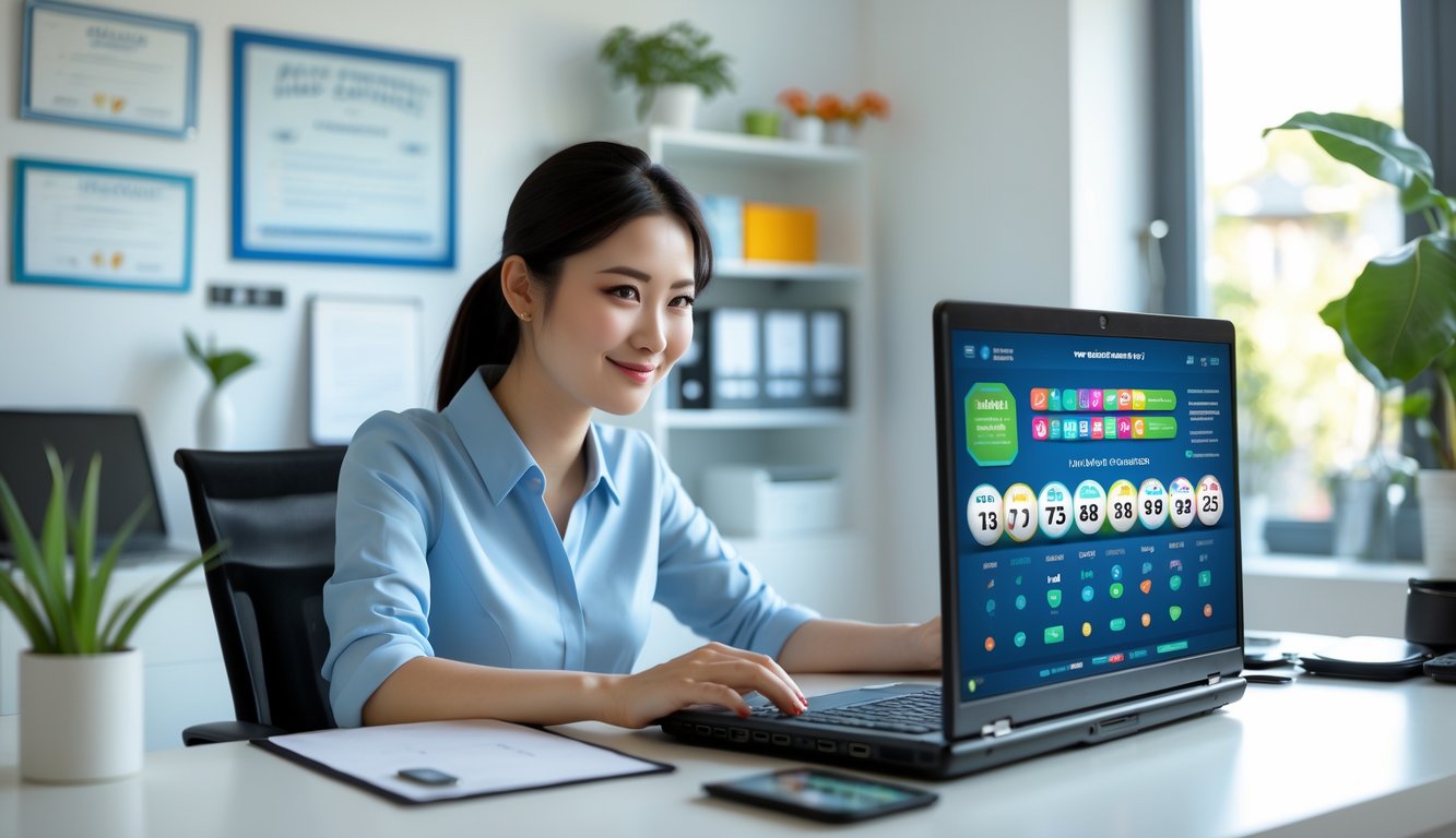 Seorang wanita muda duduk di meja dengan laptop, fokus bermain togel online di lingkungan kantor rumah yang rapi dan terang.