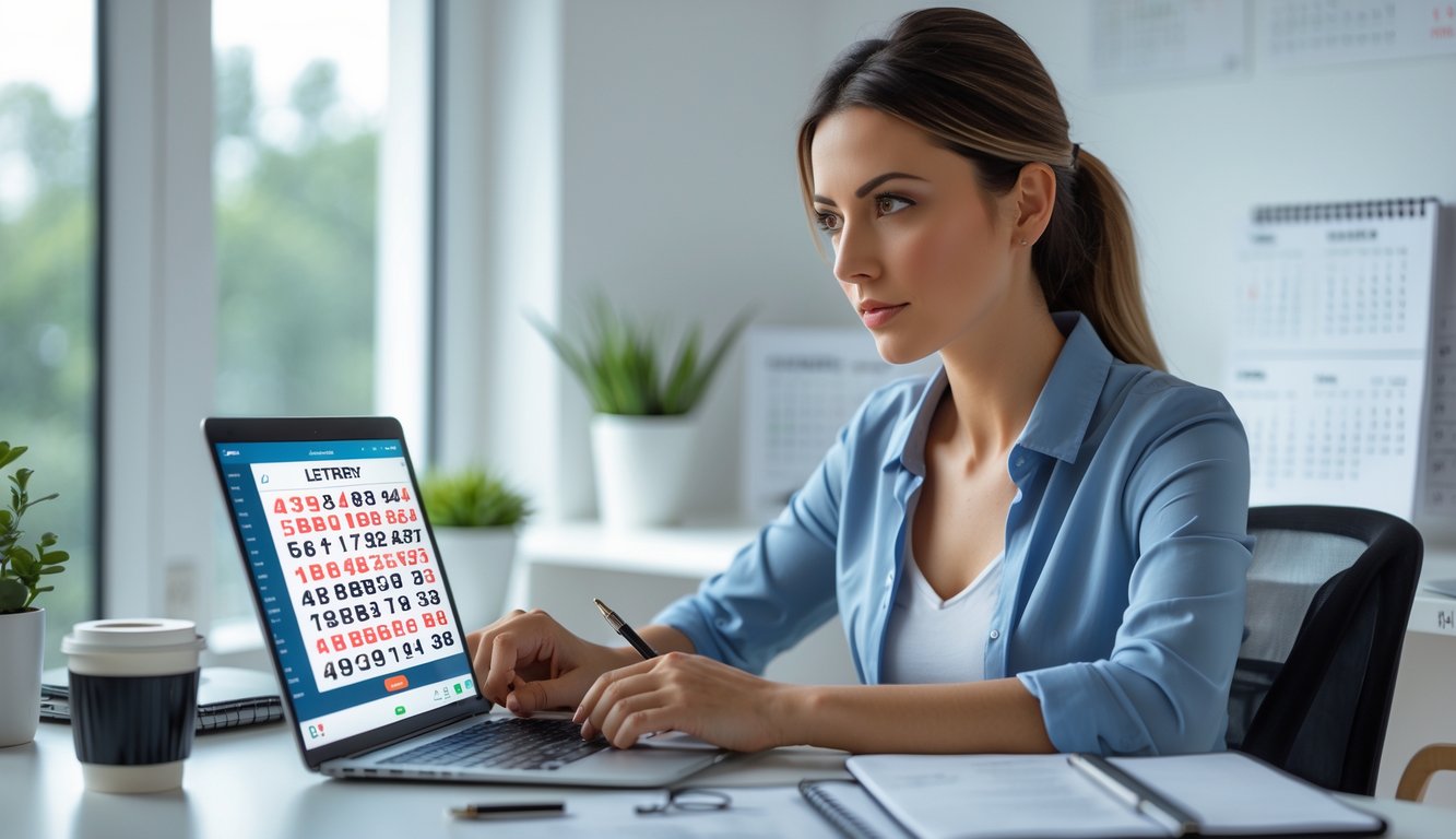 Seorang wanita muda duduk di meja dengan laptop terbuka, fokus menganalisis angka togel secara online di ruangan kerja yang terang dan rapi.