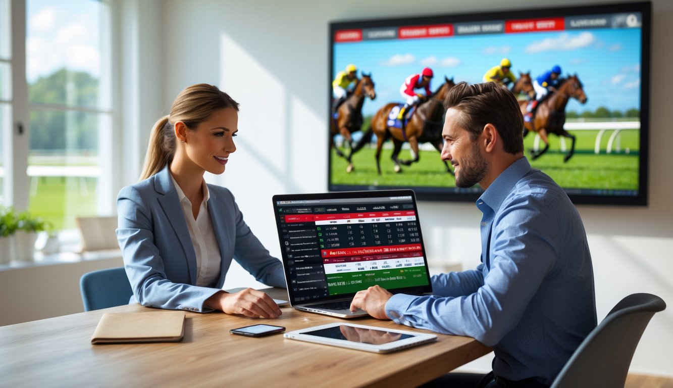 Dua orang muda sedang belajar taruhan pacuan kuda menggunakan laptop dengan layar menampilkan balapan kuda di latar belakang.