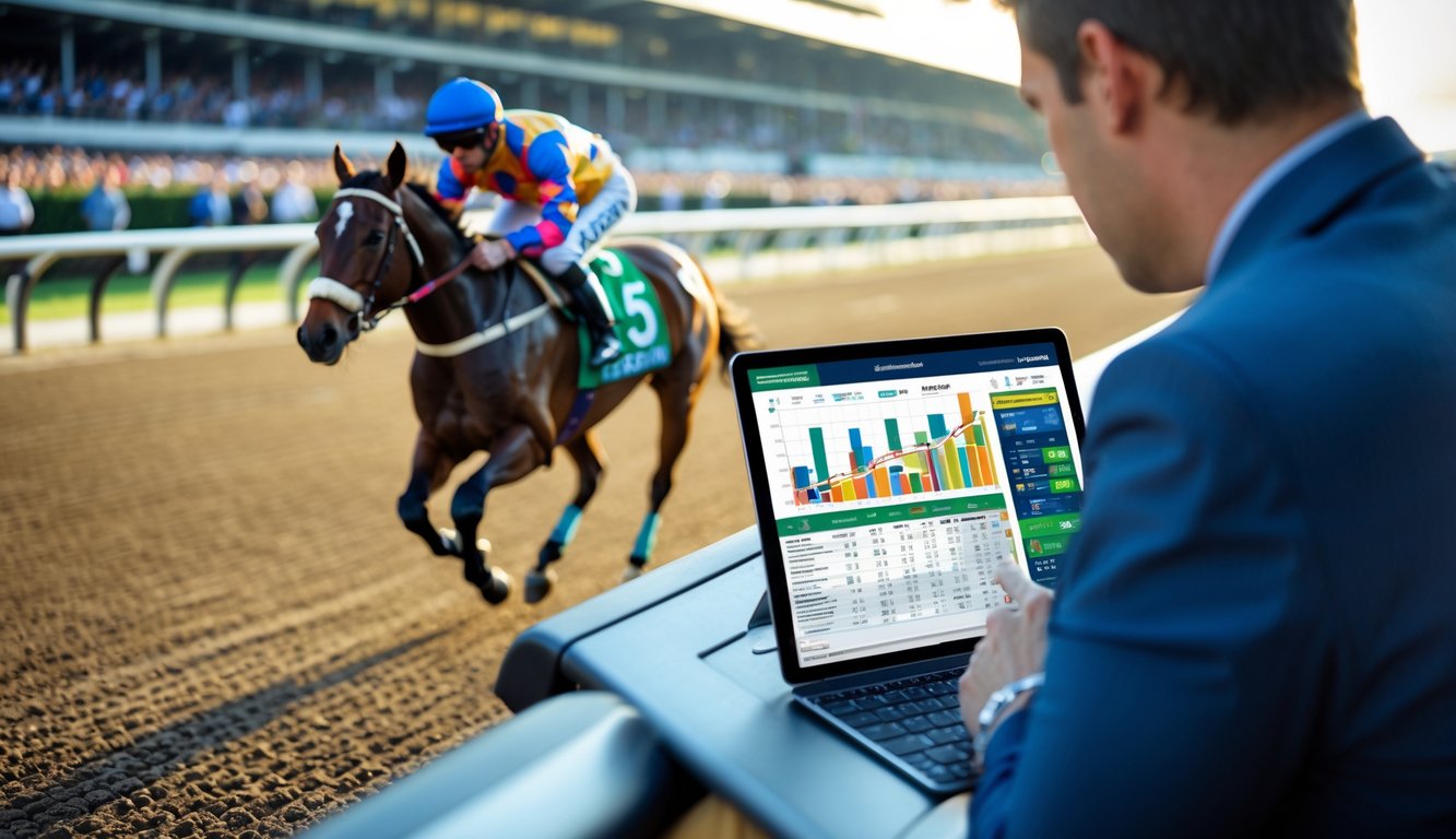 Seorang joki menunggang kuda pacuan di lintasan balap dengan seseorang yang sedang menganalisis data balap menggunakan tablet di dekatnya.
