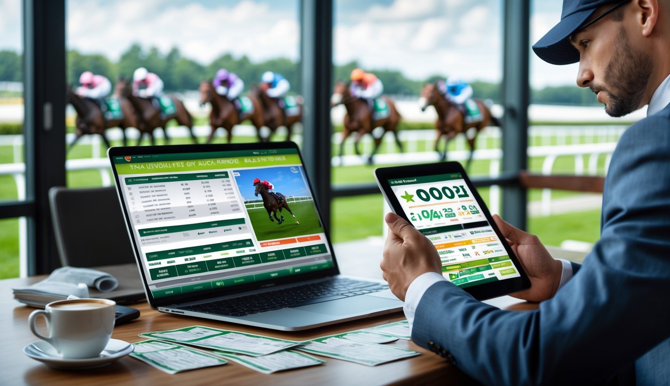Seseorang sedang menganalisis data balap kuda dengan tablet di sebuah ruangan modern dengan layar besar dan latar belakang trek balap kuda.