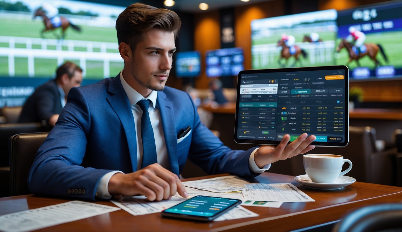 Seorang individu berpakaian rapi sedang menganalisis data taruhan balap kuda menggunakan tablet di sebuah ruang modern dengan layar besar yang menampilkan balapan kuda.