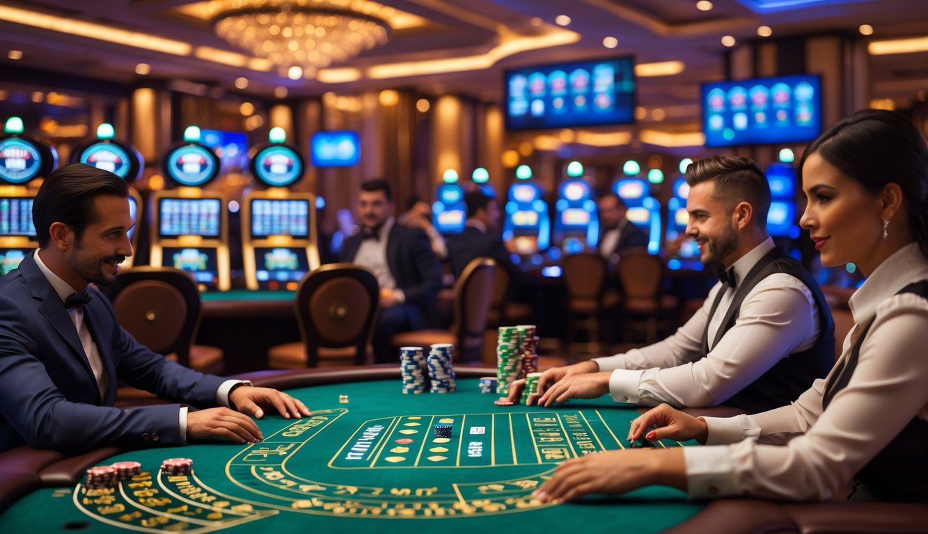 Suasana meja kasino langsung dengan pemain profesional yang serius bermain berbagai permainan seperti blackjack, poker, dan roulette.