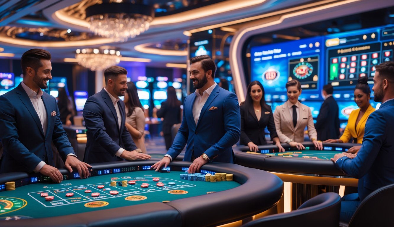 Orang-orang bermain berbagai permainan kasino langsung di meja dengan dealer dan layar digital di latar belakang.