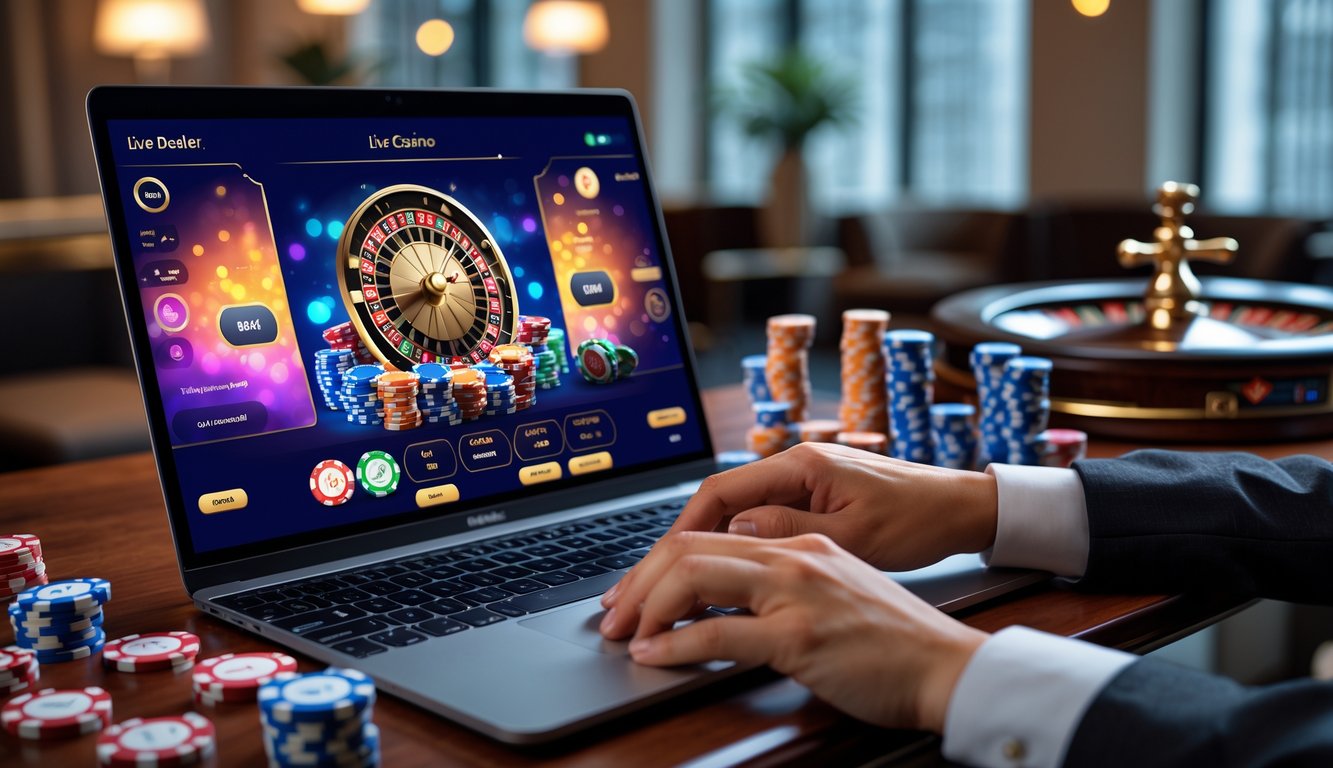 Seseorang menggunakan komputer di meja dengan chip poker, kartu, dan roda roulette, sedang bermain permainan kasino langsung online.