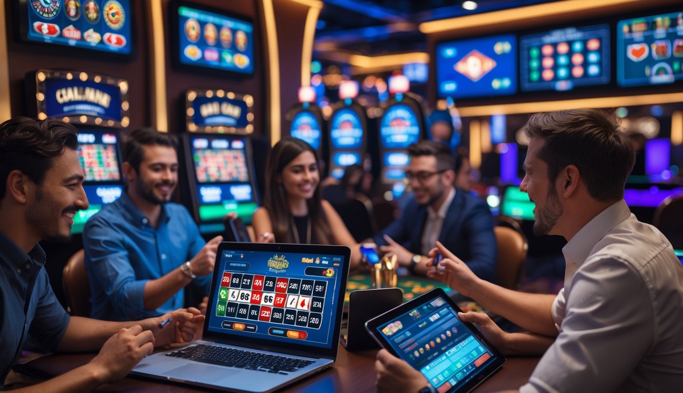 Beberapa orang bermain berbagai permainan kasino online secara langsung menggunakan perangkat digital di lingkungan yang modern dan penuh warna.