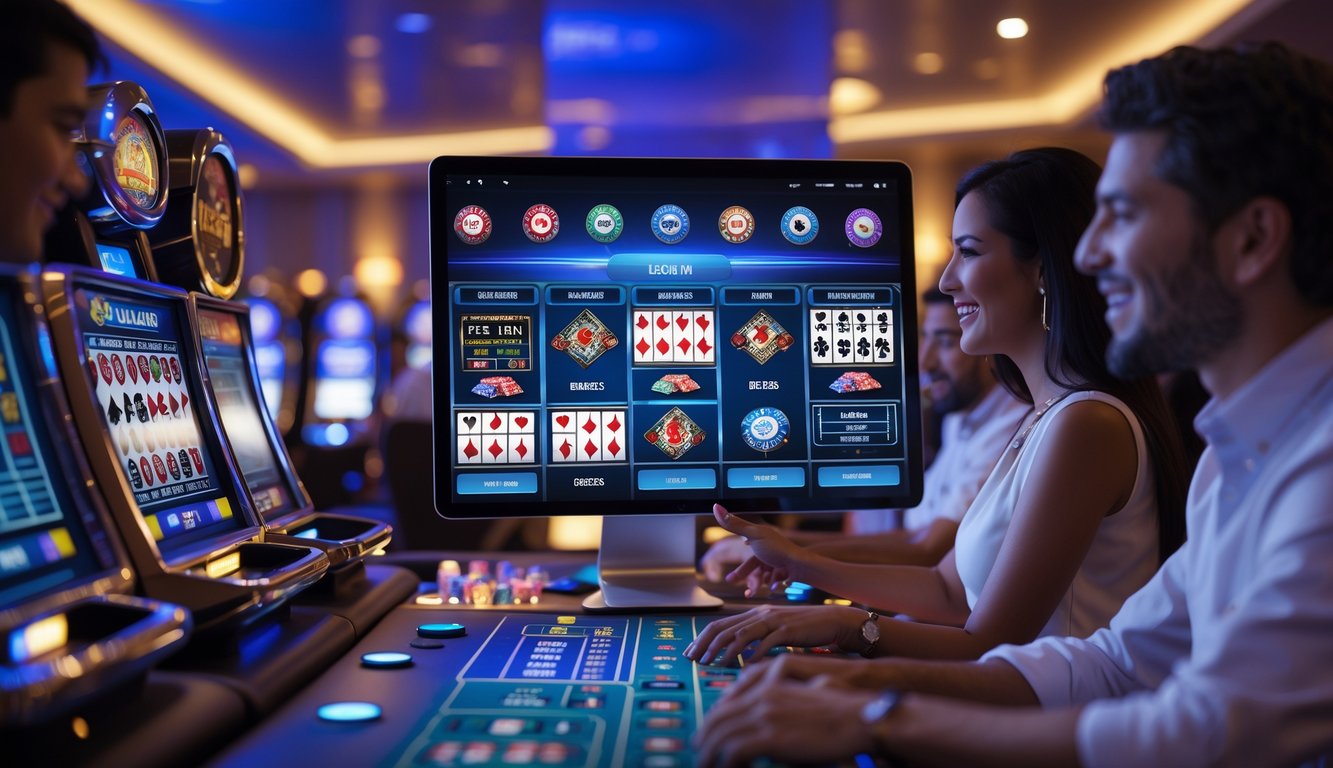 Suasana kasino online langsung dengan berbagai permainan kasino interaktif dan pemain yang fokus menikmati permainan.