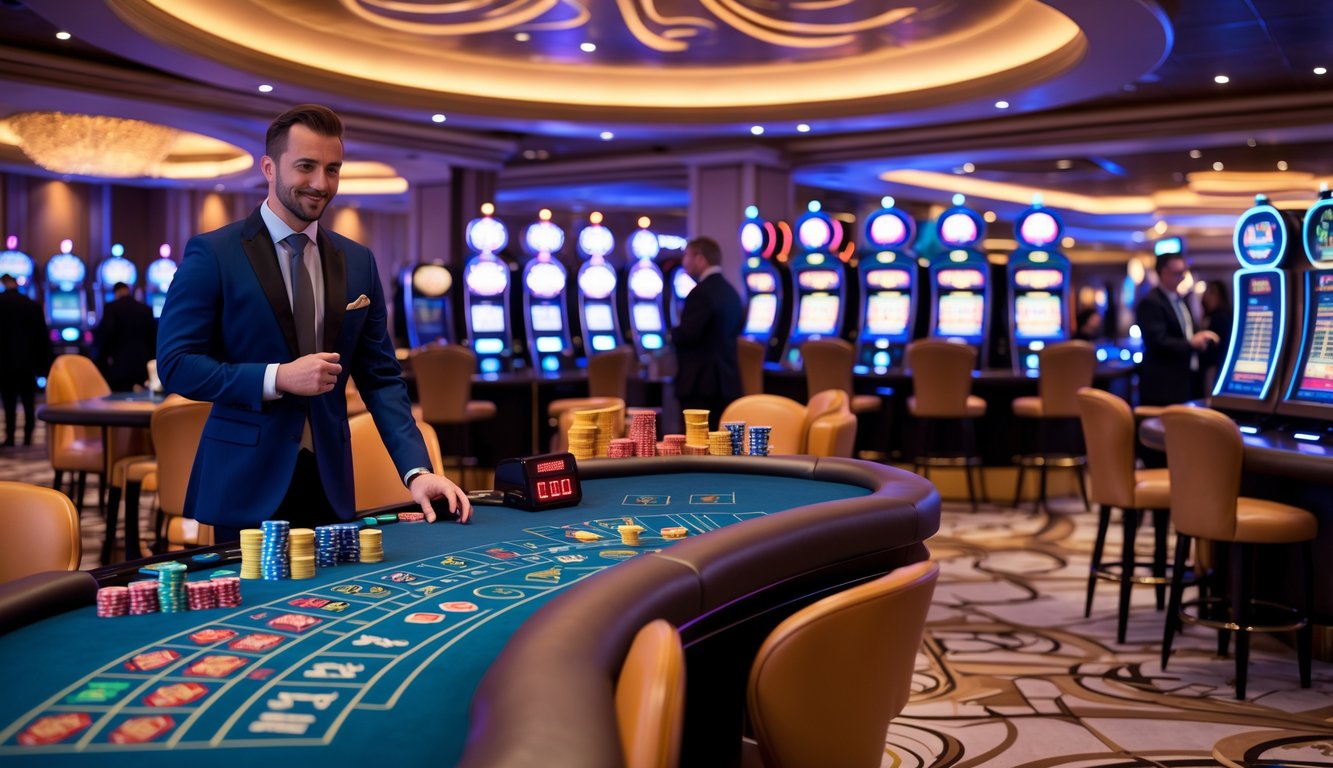 Suasana kasino langsung dengan meja blackjack, roda roulette, dan mesin slot elektronik, menampilkan pemain dan dealer yang sedang bermain.