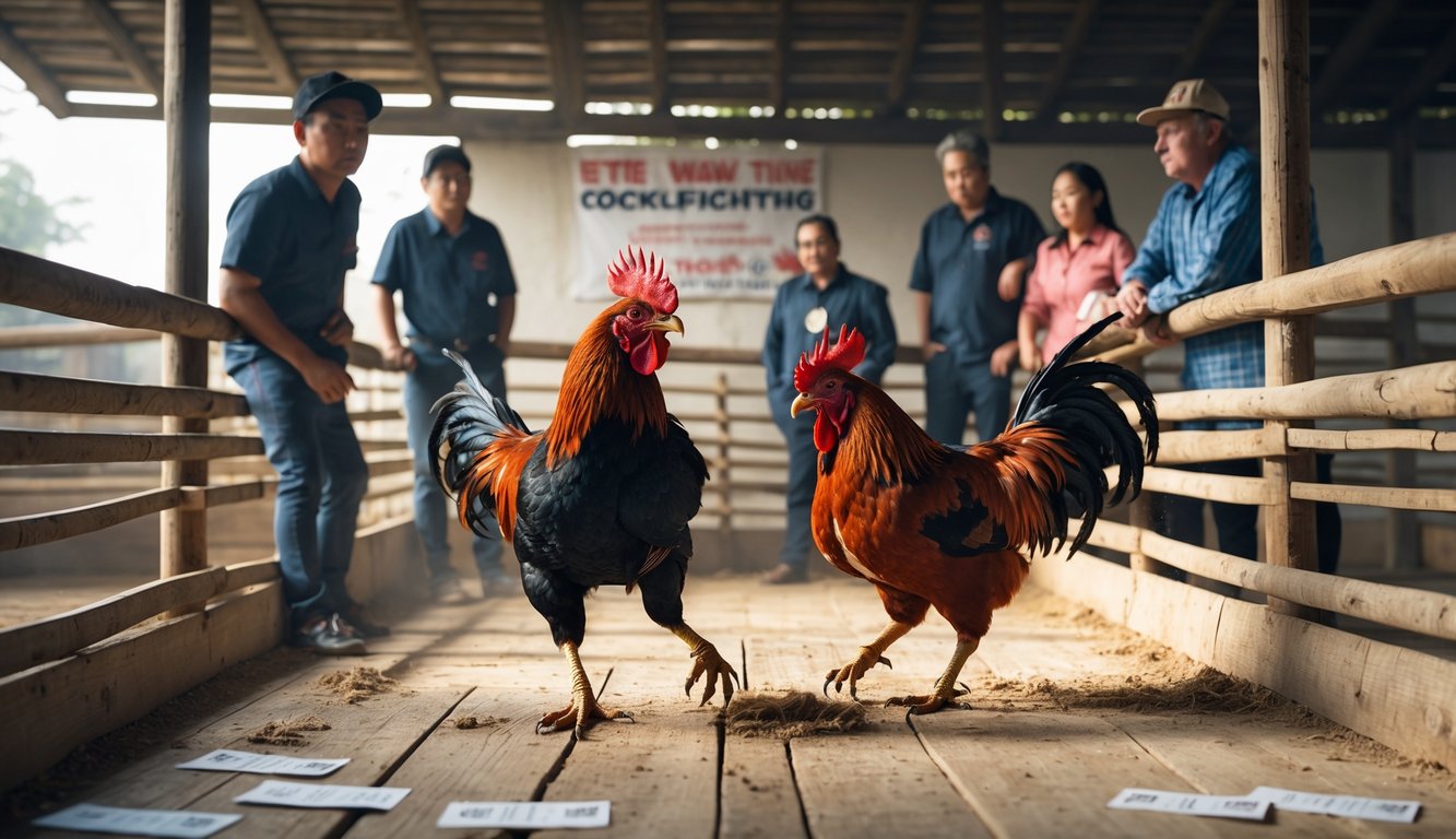 Dua ayam jantan bertarung di arena sabung ayam dengan beberapa orang yang mengamati dengan serius.