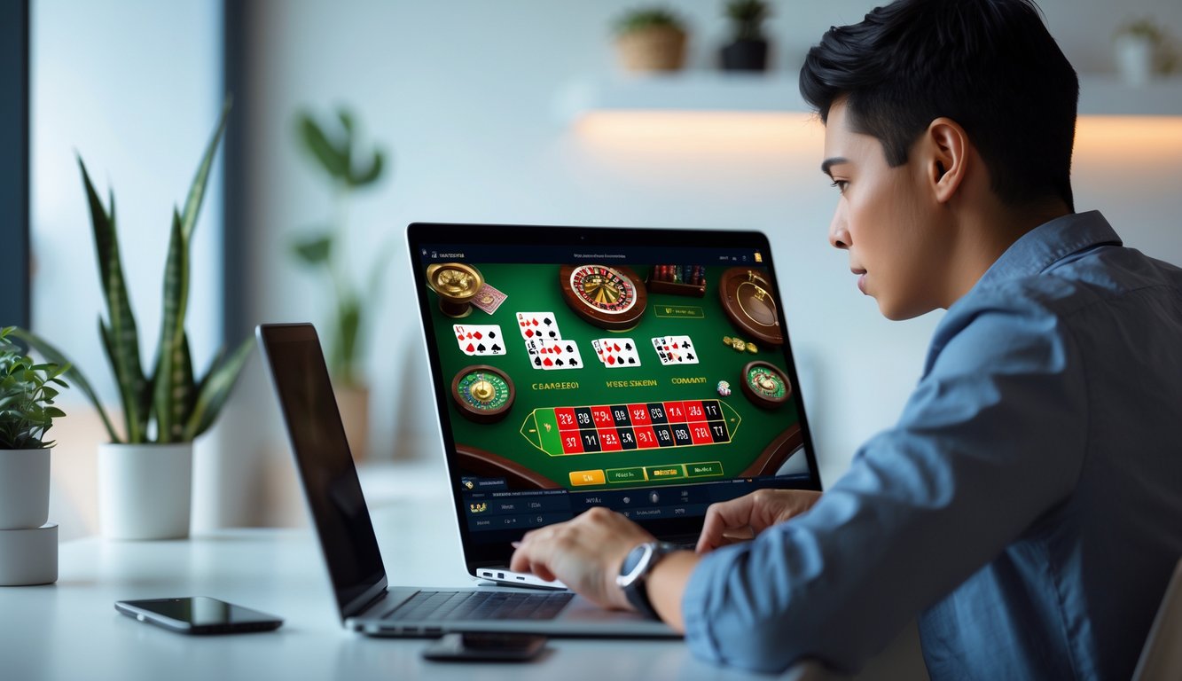 Seseorang sedang fokus menggunakan laptop untuk taruhan kasino online langsung di ruang kerja rumah.