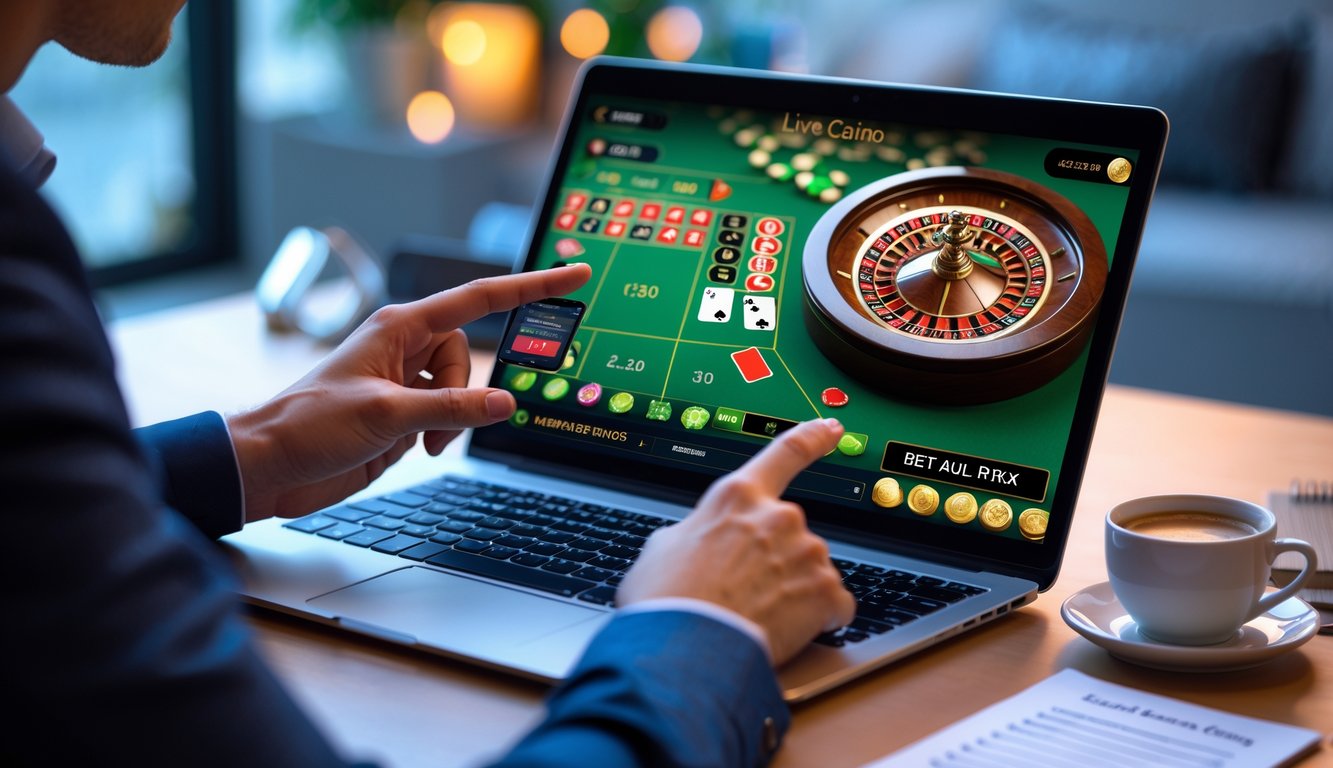 Seseorang sedang menggunakan laptop dan ponsel untuk bertaruh di kasino online secara langsung di meja kerja yang rapi.