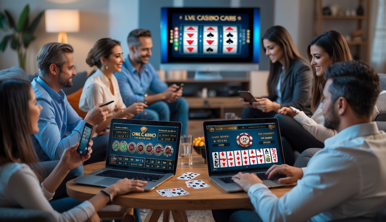 Beberapa orang dari berbagai usia dan latar belakang sedang menggunakan laptop dan ponsel di ruang tamu untuk bermain permainan kasino langsung secara online.