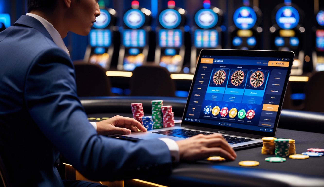 Orang duduk di meja kasino dengan laptop terbuka yang menampilkan permainan kasino langsung, fokus dan percaya diri saat bertaruh.