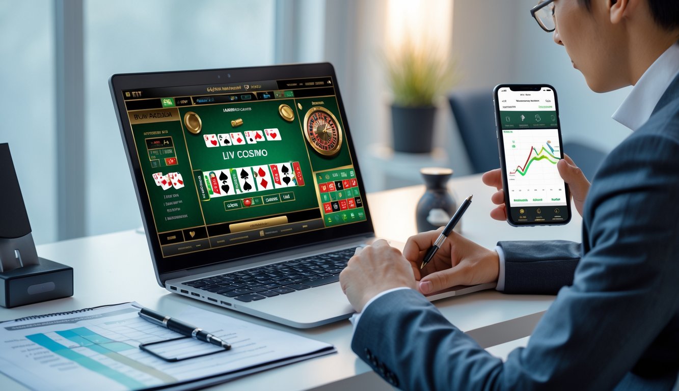 Seseorang sedang bermain kasino online di laptop sambil menganalisis permainan dengan catatan dan grafik strategi di meja.