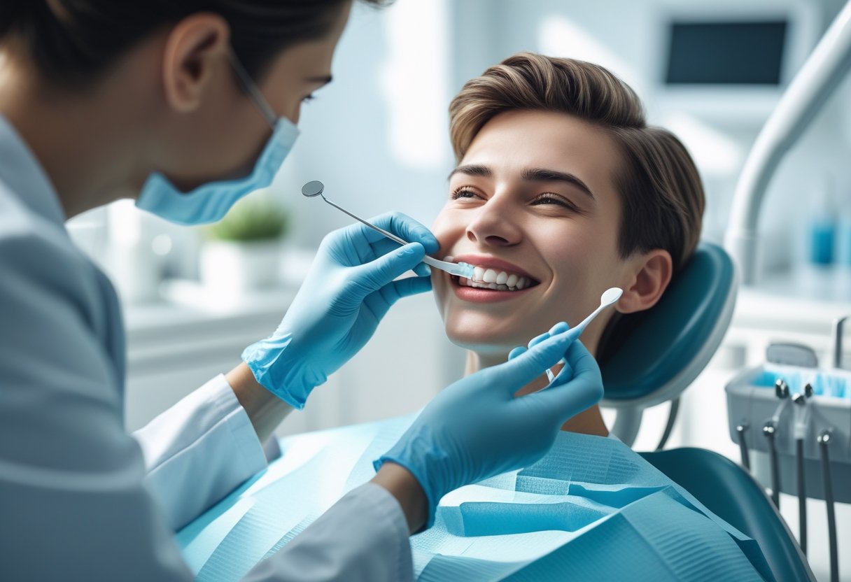 A dental professional holding a teeth whitening tray near a smiling patient in a modern dental clinic.