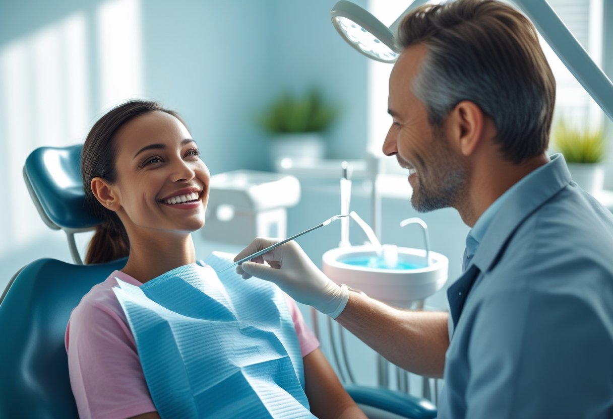 A dentist and a smiling patient in a modern dental clinic discussing teeth whitening, with the patient showing bright teeth.