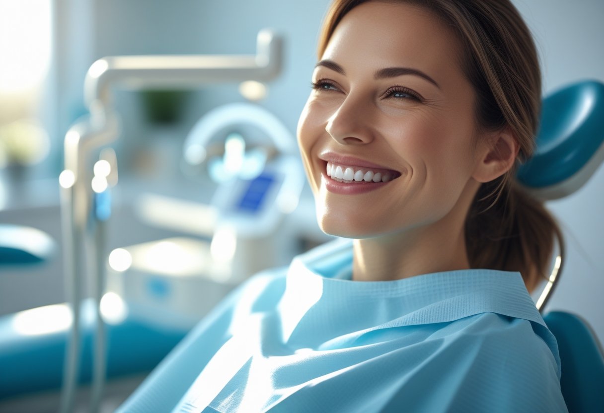 A smiling adult patient showing white teeth in a modern dental clinic with a dentist nearby.