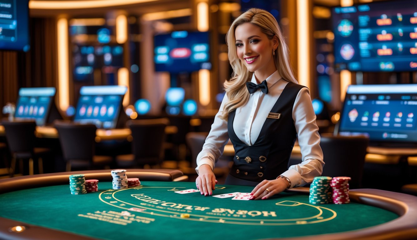 Seorang dealer wanita yang ramah sedang membagikan kartu di meja kasino hijau dengan layar dan antarmuka digital di latar belakang.