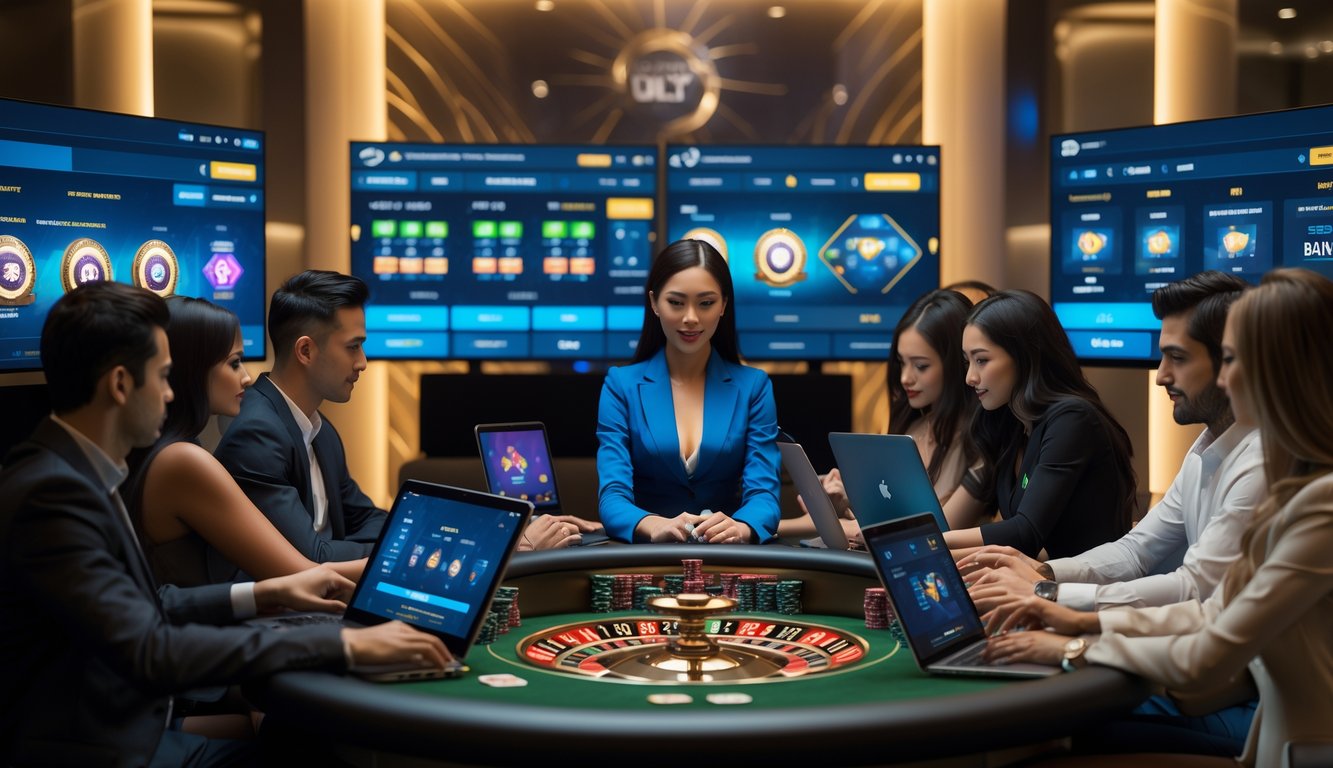 Seorang dealer wanita duduk di meja kasino online dengan beberapa pemain yang menggunakan perangkat digital untuk bermain bersama dalam suasana kasino yang modern dan terang.